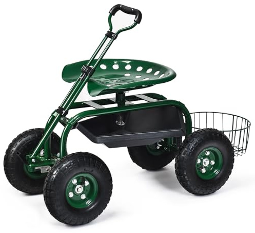 SOARS Rollsitz für Gartenarbeit, Gartensitz 360°drehbar, 45,5-54,5cm höhenverstellbar, Gartenwagen mit ausziehbarem Griff, Ablage & Korb, Arbeitssitz 150kg belastbar für Gartenarbeit & Autopflege