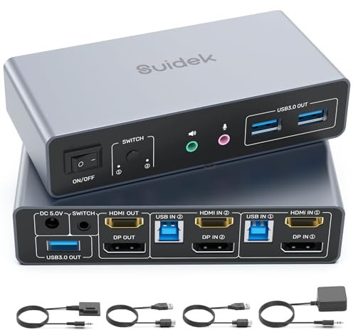 SUIDEK Commutatore KVM HDMI Displayport, 2 computer 2 monitor 4K@60Hz Commutatore KVM a doppio monitor per 2 PC, 3 porte USB 3.0 Supporto modalità estesa/specchio