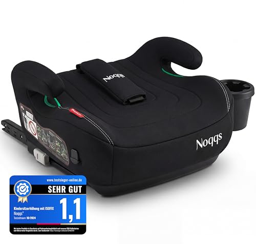 Noqqs® Premium Kindersitzerhöhung Auto mit ISOFIX – ausgezeichnet mit SEHR GUT (1,1) – ECE R129 i-Size 125–150 cm – extra breit & gepolstert – inkl. Gurtpolster & Getränkehalter – Schwarz