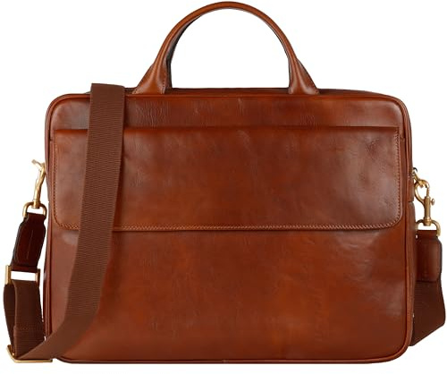 Time Resistance Leather Briefcase - Italian Handmade Laptop Bag for Men and Women - Professional Leather Computer Briefcase (Cognac Brown)