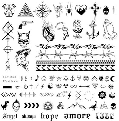 BARRU 3 Blätter 90+pcs Temporäre Tattoos 2 Wochen Schriftzug Tattoos zum Aufkleben Fake Tattoo Klebetattoo Kleine Mustern Coole Motiv für Halloween Männer Frauen - A