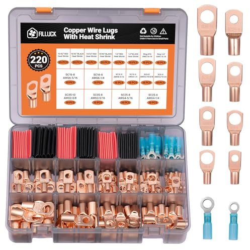 Filluck 220pcs Battery Cable Ends Kit,AWG 2/4/6/8/12 Copper Lugs,Heavy Duty Wire lugs, Ring Terminal Connectors with 3:1 Heat Shrink Tube & Storage Box