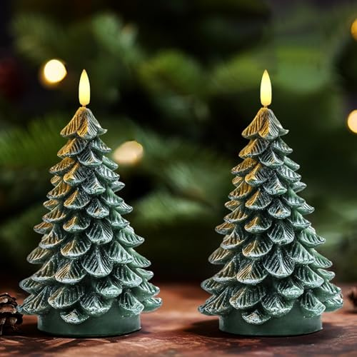 Homemory Flameless Battery Candles Green Christmas Tree 6H +18H Timer, Real Wax LED Fake Candles Bright Flicker Electric, for New Year Celebration Xmas Eve Gift Holiday Decor, 2pack