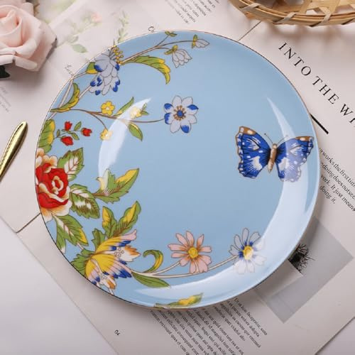 FülleMore Porzellan Servierteller 20,6cm runde Servierplatte Dessertteller europäischer Frühstücksteller Essteller Kuchenteller Vorspeiseteller für Küche Café Restaurant (Schmetterling-Blau)