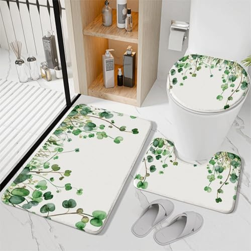 Tappeto Bagno Foglie Verdi Tappeti Bagno Set 3 Pezzi Antiscivolo Contorno WC Tappetino Assorbente Doccia Lavabile Copertura per Il Coperchio del WC 45x75 cm