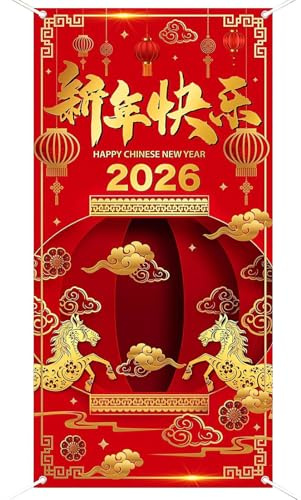 Ceprznvey Copriporta per il Nuovo Anno 2026 | Telo Sfondi Anno Del Cavallo - Decorazione Porta 2026 180x90 cm per Festa | Per Feste E Celebrazioni Del Capodanno Cinese Portico Garage Parete