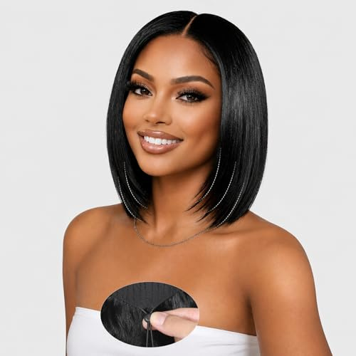 Layered Cut Straight Bob Wig Human Hair,9x6 Glueless Wig Human Hair with Drawstring Pre Cut Pre Plucked Echthaar Perücke Lace Front Wigs Ready to Wear Straight Bob Perücke Damen Echthaar 10 Zoll