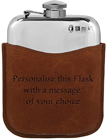 English Pewter Company 6oz Pewter Hip Flask with Luxury Brown Leather Pouch. Personalised with Free Engraving [PLF02]