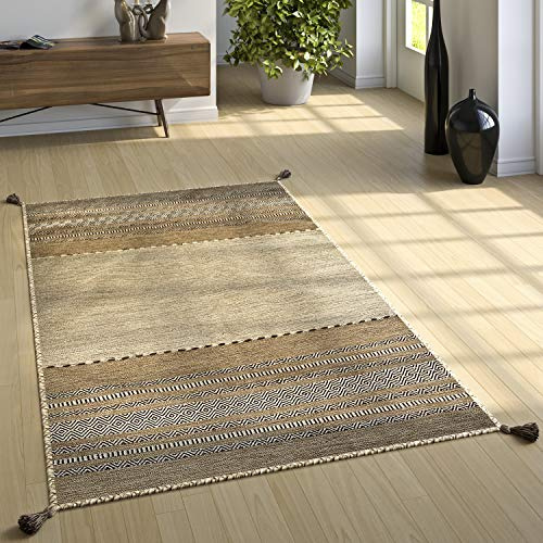 Paco Home Alfombra Diseño Kilim Tejida A Mano 100% Algodón Moderna Estampada Beige, tamaño:60x110 cm