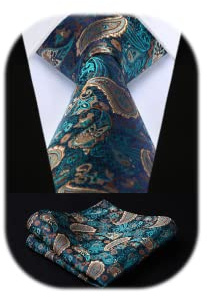 HISDERN Krawatte Herren Extra Lange Petrol Gold Krawatten mit Einstecktuch Set Paisley Herrenkrawatte Taschentuch Formelle Hochzeit Schlips für Männer