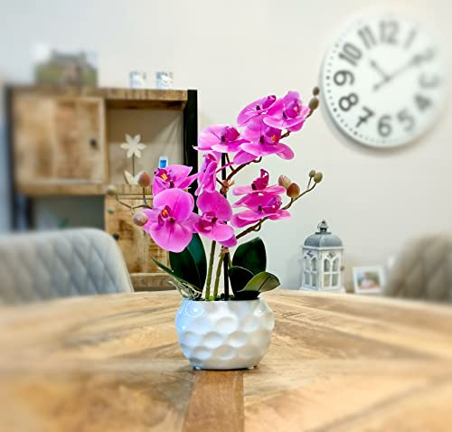 DECOLINE Künstliche Orchidee 33cm - Blüten lila - Keramik Übertopf weiß