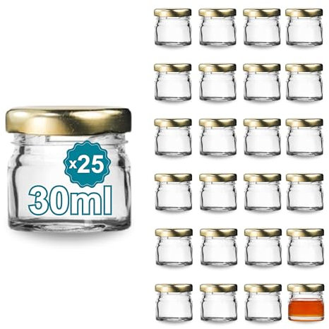 Espirito Rebelde Lot de 25 bocaux en verre vides avec couvercle à visser doré 30 ml Idéal pour confitures, conserves, miel