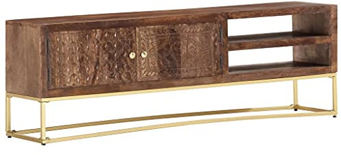 vidaXL Mangoholz Massiv TV Schrank mit 2 Türen 2 Fächern Handgeschnitzt Lowboard TV Möbel Board Fernsehtisch Fernsehschrank 138x30x46cm Stahl