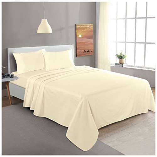 GC GAVENO CAVAILIA Flannelette Flat Sheet Double Cream Bedding Top Sheets | Breathable, Fade Resistant, Hypoallergenic Super Soft, Elasticated Corners Thermal Flannel Bed Sheet, 294 x 239 cm