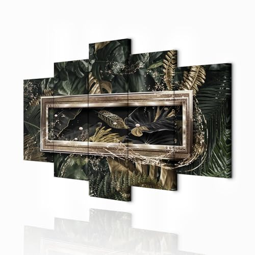 decomonkey Wandbilder Pflanzen Monstera 200x100 cm 5 Teilig Leinwandbilder | Strukturleinwand, Holzkeilrahmen, Bild auf Leinwand, Kunstdruck, Wanddeko, Wohnzimmer, Wanddekoration, Abstrakt