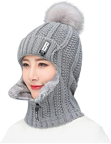 qudang Winter Mütze Schal Set Damen Wintermütze mit Bommel Reißverschluss Sturmhaube Unisex Strickmütze Dicke Fleecefutter 3 in 1 Warm Gefüttert für Outdoor-Wintersport