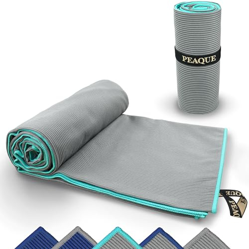 PEAQUE Mikrofaser Handtuch mit Struktur - Grau/Türkis, 160x80 cm | Schnelltrocknend, Saugstark, Leicht - Reisehandtuch, Sporthandtuch, Badehandtuch, Duschhandtuch, Saunahandtuch, Fitness
