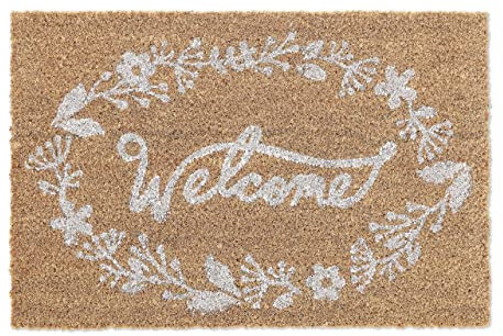 Relaxdays Fußmatte Kokos, Welcome Schriftzug, Fußabtreter 40x60 cm, wetterfest, Türvorleger innen & außen, natur/weiß