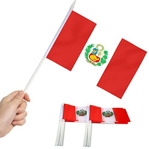 Anley Peru Mini-Flagge 12 Stück – handgehaltene kleine Peruanische Miniatur-Flaggen am Stab – lichtbeständig und lebendige Farben – 12,7 x 20,3 cm mit Solider Stange und Speerspitze