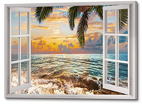 Ocean Office Canvas Wall Art: Open Window Sea Waves Under Sunset Artwork Quiet Coastal Landscape Painting Modern Nature Beach Picture Relax Seascape for Living Room Gallery Bedroom