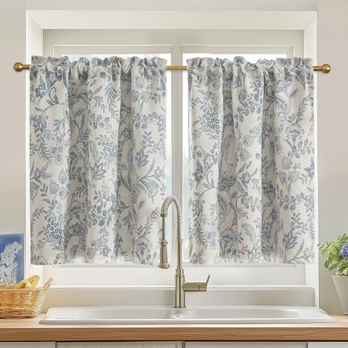 Lazzzy Floral Kitchen Curtains 24 Inch Length Blue Blackout Linen Farmhouse Cafe Small Rustic Country Room Darkening Curtains Rod Pocket Tiers Set 2 Panels Blue on Beige