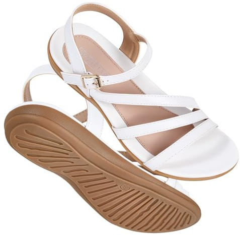 SERASTAR Flat Sandals for Women Dressy - White Cushioned Summer Sandals - Comfortable Walking Ankle Strap Womens Flats Sandal Size 8.5