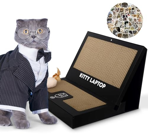 Kitty Laptop: Juguete para Gatos con Rascador en Forma de Laptop y Ratón de Peluche Interactivo con Catnip - Juguete de Ordenador para Gatos para Aliviar el Aburrimiento con 50 Pegatinas