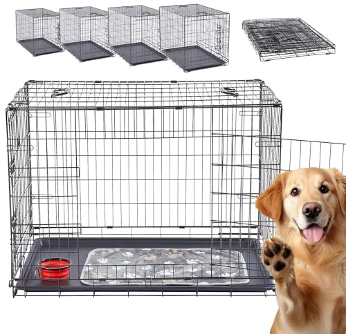 Arebos Jaula para Perros 92,5 x 60 x 66 cm | Jaula de Transporte para Perros Plegable para Coche | Jaula de Transporte para Perros con 2 Puertas | Jaula para Perros para el hogar | L Negro