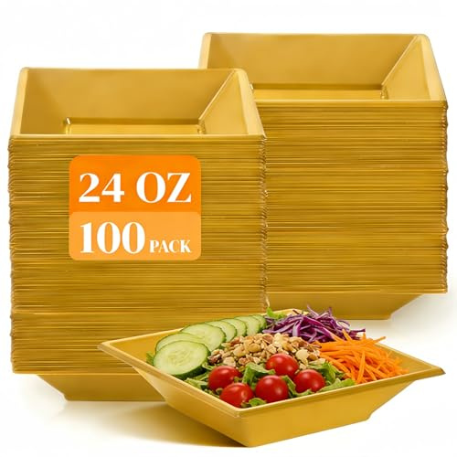Tlence 100 Pack Disposable Plastic Serving Bowls Set, 24 OZ Square Outdoor Serving Dishes, Gold Party Catering Bowl Containers for Snack Salad, Perfect for Wedding Birthday Home Gathering