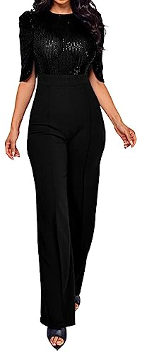 IQYU Byxdress dam festlig elegant bröllop – jumpsuit dam elegant paljett glitter overall cocktail byxkostymer sommar jumpsuits sexig onepiece långa sommaroveraller festkläder kostym, svart, L