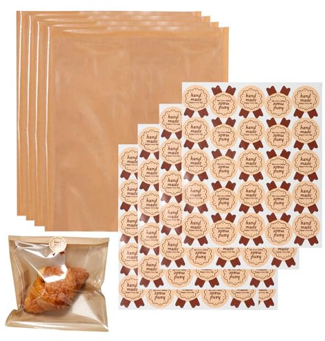 SuerZaro Kraft Paper Bags for Bread Sandwiches, 100Pcs Food Pouches with Clear Window and Sealing Sticker, Small Food Bags Pouches for Sweets Cookies Snacks Baking (Wood-Clear Window, 20x19 CM)