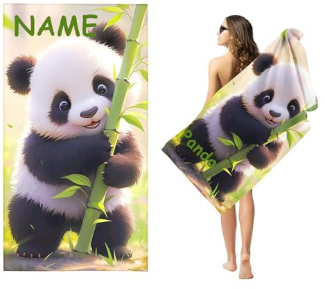 Goplnma Personalisiert Panda Strandtuch mit Namen, 3D Personalisierte Mikrofaser Strandtuch Groß 70x140cm Badetuch Cartoon Panda Strandtücher Panda für Strand (100 x 200 cm,1)