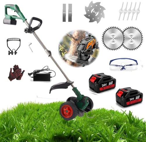 Tagliabordi A Batteria Con Ruote, 24v Decespugliatore A Carrello Con 2 Batterie, Tagliaerba A Filo A Batteria Con 4 Tipi Di Lame, Maniglia Telescopica Per Prato E Giardino (Niente ruote)