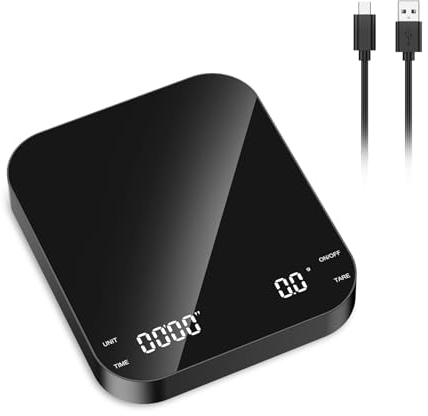 ORIA Digitale Kaffeewaage mit Timer, 3kg/0,1g Hochpräzise Küchenwaage, mit LED-Bildschirm, g/oz/ml, Tara, Auto-Aus, Type-C Wiederaufladbare Feinwaage