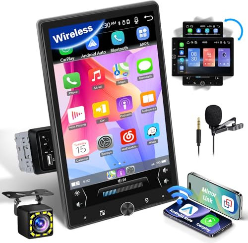 Inefala Autoradio 1 Din con Wireless Carplay Android Auto, 10,4 Pollici Rotante Touchscreen Stereo Auto Supporta Bluetooth Vivavoce/Mirror Link/FM Radio/USB/AUX/TF/EQ con Telecamera Posteriore