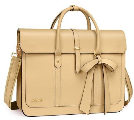 MOSISO Laptoptasche Damen 15,6 Zoll, PU Leder Handtasche Schultasche | Aktentasche Arbeitstasche Uni Tasche Büro Reisen Schultertasche Umrüstbar auf Rucksack mit Schleifenknoten, Kurkuma