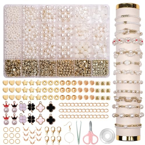 JHWELRG Perle Weiße Armbänder Selber Machen Perlen Set zum Basteln,Perlen zum Auffädeln Charm Vierblättriges Kleeblatt Ketten Schmuck Schmuckherstellung,Geschenkeidee für Partys,Weihnachten,Feiertage