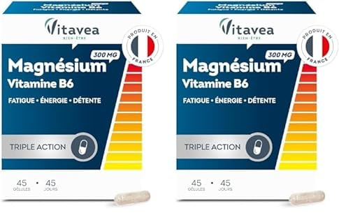 VITAVEA BIEN-ETRE - Magnésium 300 mg Vitamine B6 - Complément Alimentaire Fatigue, Détente, Energie, Relaxation, Equilibre Nerveux - Magnesium B6-45 gélules - Cure de 45 jours - Fabriqué en France