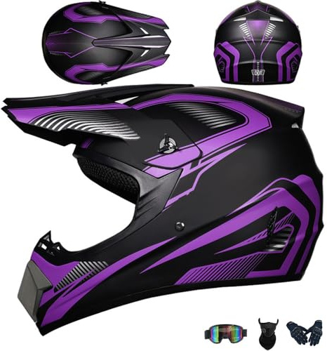 PAESCOY Motocross Casco Integrale con Occhiali UV, Maschera, Guanti - MTB Moto DOT/ECE Certificato per Dirt Bike, Offroad Cruiser e Chopper, Uomo Donna - Purple-S