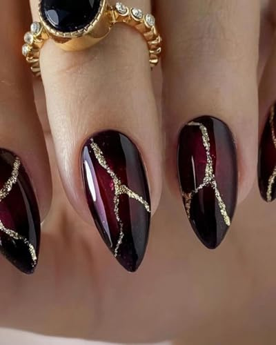OXDOHUE 24 Stück Rote schwarze Nägel zum Aufdrücken, mandelförmig, künstliche Nägel mit goldenem, geschwungenem Liniendesign mit Klebestift auf den Nägeln für Hochzeit, Geburtstag, Dating