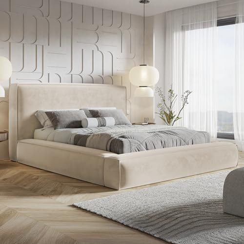 MOTIVENA Space Bubble Bett 160x200 Beige Samt, mit Stauraum, mit Kopfteil, mit Lattenrost, ohne Füße, mit Matratze H2/H3, Bubble Polsterbett 160x200 mit Bettkasten Beige (Creme)
