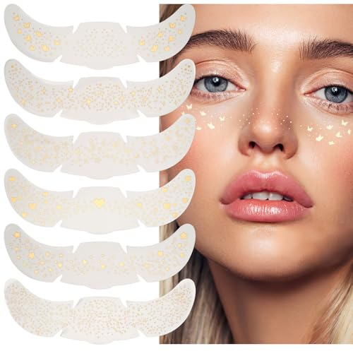 Glitzer Gesicht Sommersprossen Tattoo, 6 Stück Wasserfeste Fake Freckles, Goldene Sterne | Herz | Schmetterling Frecken Temporäre Tattoos, Klebetattoos für Erwachsene Festival Schminke