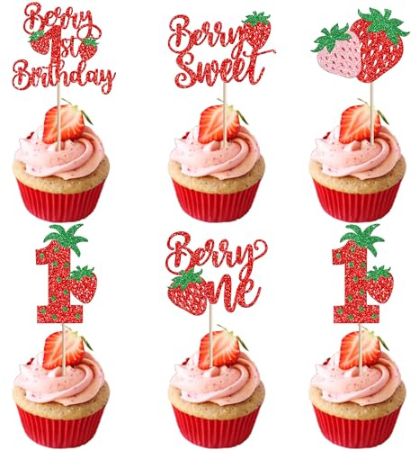 SYKYCTCY 30 Pack Berry 1st Birthday Cupcake Toppers Glitter First Birthday Strawberry Cupcake Picks for Fruit Baby Shower Sweet One Cupcake Decorations Party Supplies Red