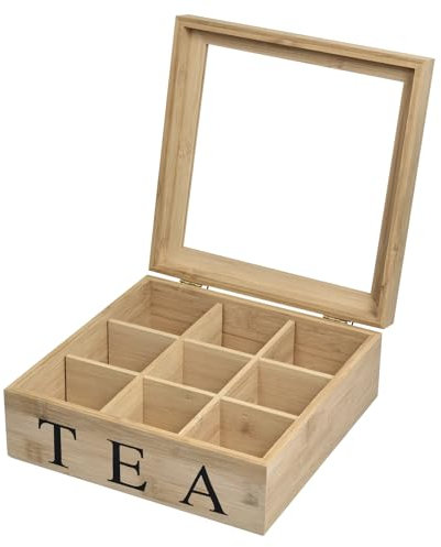 Gupcaqosjw Tea Storage Box, Tea Organiser, Wooden Tea Bag Box, Tea Box, Tea Box with 9 Compartments and Viewing Window for Tea Bags, Tea, Coffee, Spices or as Gift Packaging