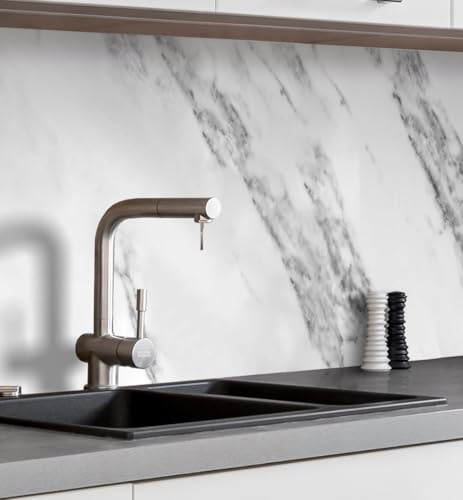 MyMaxxi Küchenrückwand selbstklebend – Matte, versteifte Spritzschutz Folie als günstige Alternative zu Glas, einfache Montage & leichte Reinigung – 60 cm hoch – Motiv: Marmor weiß B 340 cm x H 60 cm