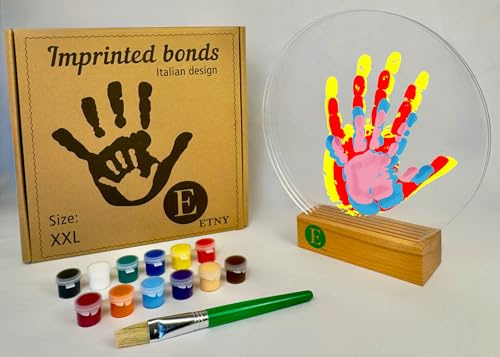ETNY Kit Impronte Mani Famiglia per 4 | Set Creativo con 12 Colori Pittura Lavabile Atossica | Cornice Impronte in Legno e 4 Pannelli Acrilico (PMMA) | Regalo Nascita Originale & Anniversario.