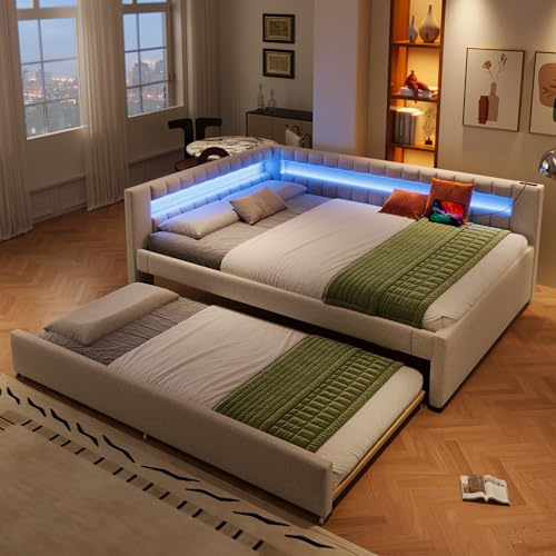 KecDuey cama tapizada, 140 x 200 cm con cama nido 90 x 190 cm, cama con tira de luces LED mando a distancia, sofá cama con somier, USB + tipo C