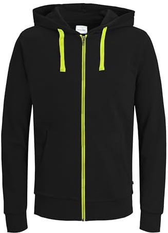 JACK & JONES JJEHOLMEN Sweat Zip Hood, Svart (svart/säkerhetsgul/reg fit), S
