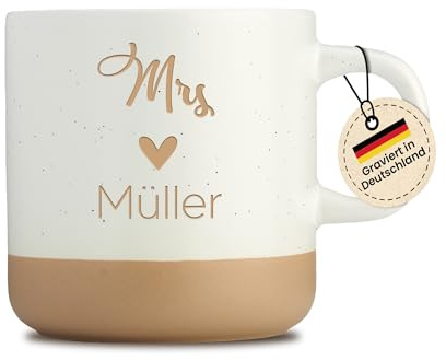 Mr. & Mrs. personalisierte Tasse - Gravur - Hochzeitstasse - Geschenk zur Hochzeit mit Wunschnamen - Graviert zum Hochzeitstag - Beige