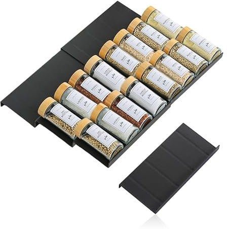 QKNOSM Spice Rack Drawer, Spice Organiser Drawers, Spice Drawer Insert, Spice Jars, Organiser System, Kitchen Spice Drawer, Spice Insert, Drawer, Spice Rack, Black, Pack of 6